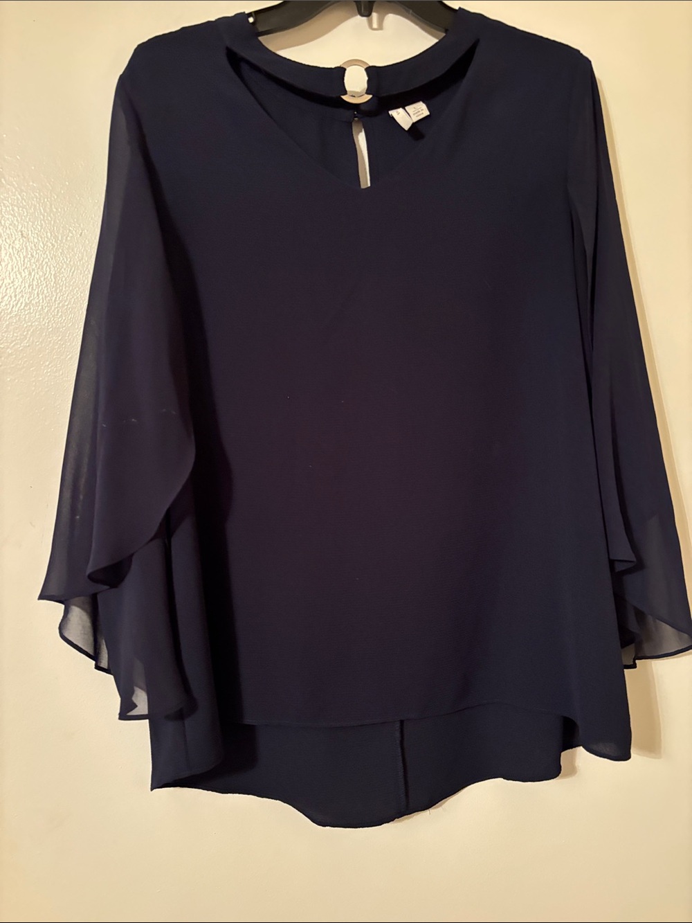 Women’s Navy Layered Chiffon Bell-Sleeve Blouse with Keyhole Ring Detail